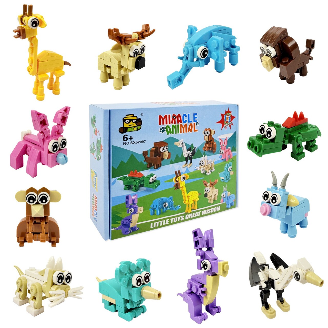 Wrapables Animal Building Blocks Set, 3-in-1 Building Kits for Party Favors, Goodie Bag Stuffer, Stocking Stuffer (Set of 12), Miracle Animals